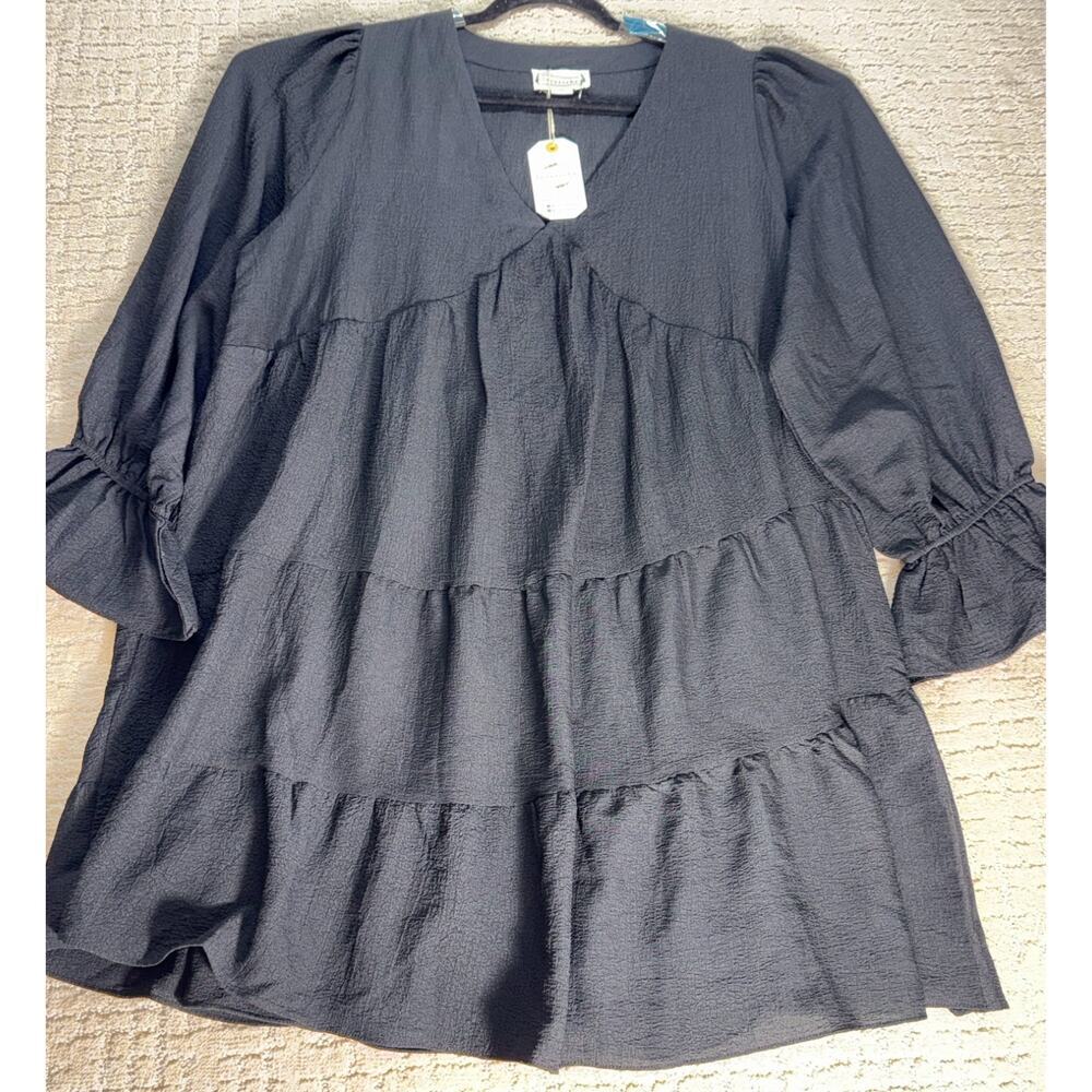 Loveriche Tiered Babydoll Dress Women 3X Black V-Neck Ruffle Sleeve Crepe Mini